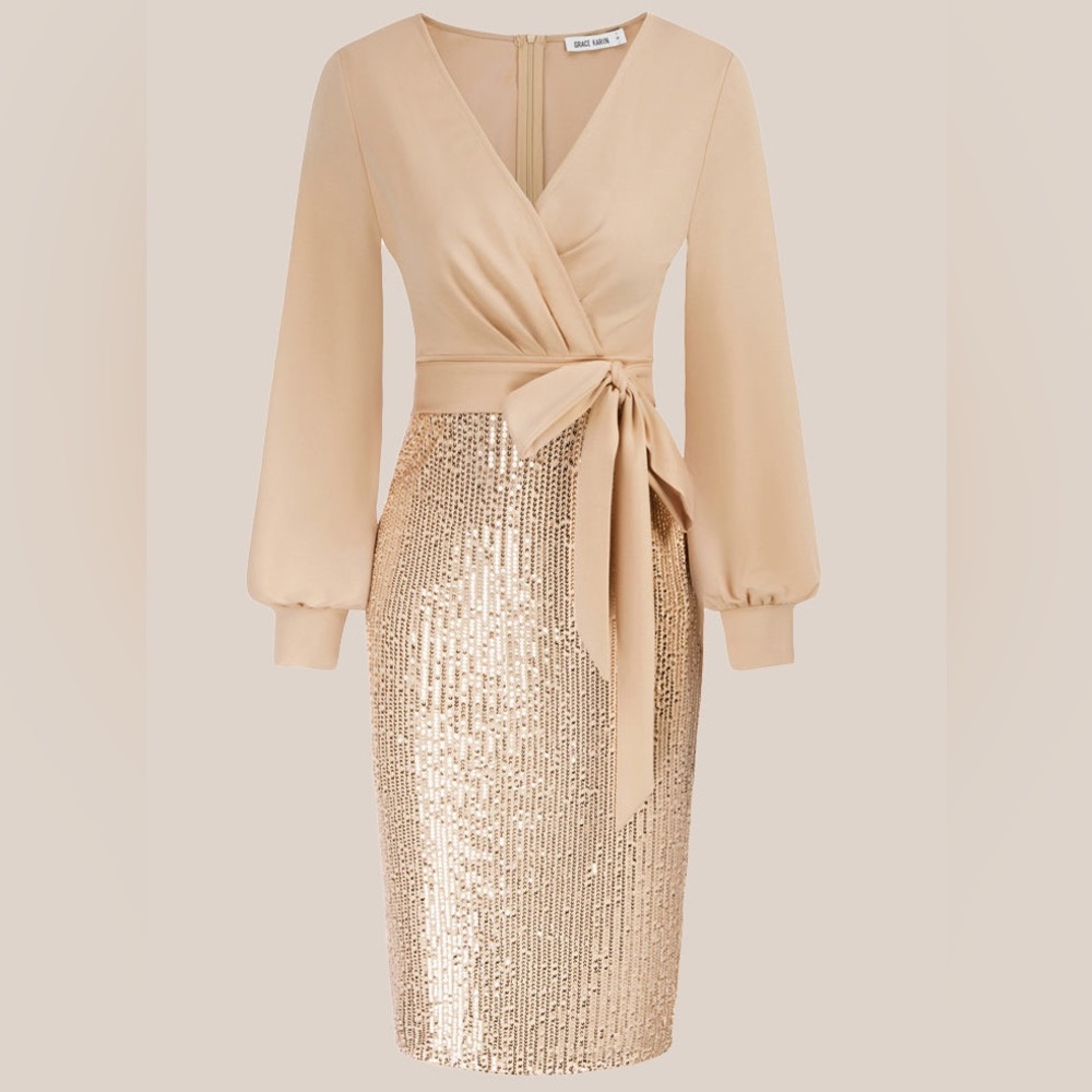 Grace Karin Beige and Gold Sequin Wrap Dress